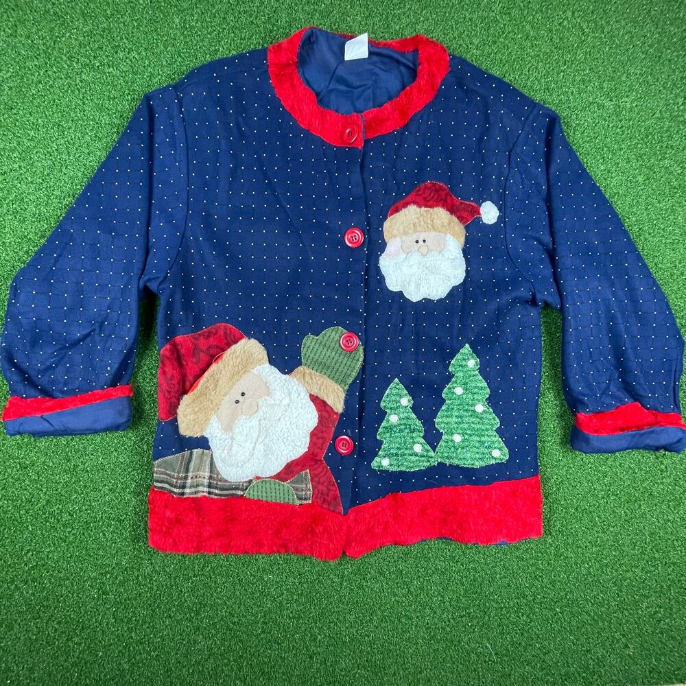 Vintage Santa Claus Christmas Tree Fleece 3D Cozy Faux Fur Trim Cardigan Sz L